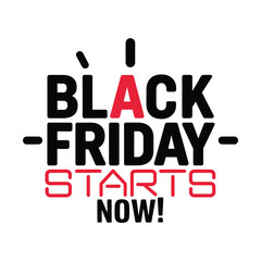 Vector Illustration of Midnight Clock with &lsquo;Black Friday Starts Now&rsquo; Text, Symbolizing Sale Kickoff
