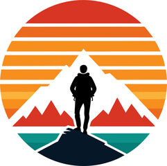 Hiker Silhouette Facing Mountain with Striped Sunset Backdrop