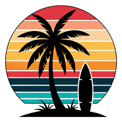 Obraz premium Surfboard and Palm Tree Scene Framed in Curved Retro Rectangle