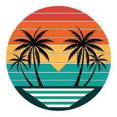 Teal-Orange Retro Beach Scene with Palm Silhouettes
