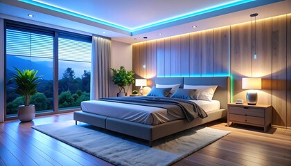 Naklejka premium Modern bedroom with blue LED lighting, wooden paneling, and scenic mountain view