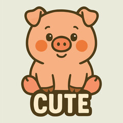 Obraz premium A cute pig is sitting on a white background with the word cute written below it. The pig has a big smile on its face, making it appear friendly