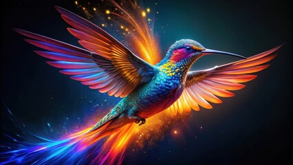 Obraz premium A Vibrant Hummingbird in Flight, Wings Aglow with Radiant Hues, Trails of Sparkling Light