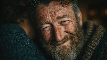 Senior father and adult son hugging at home