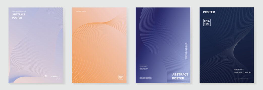 Abstract line wave gradient poster background vector set. Minimalist cover template with vibrant perspective line wave in motion. Ideal design for social media, cover, banner, flyer, music, ads.