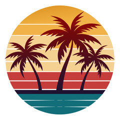 Palm Trees Silhouetted against Horizontal Bands in Teal, Mustard, and Coral – Circular Retro Sunset Vector on White