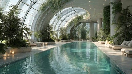 Luxurious Indoor Pool Area with Glass Dome Ceiling and Greenery