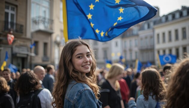 Crowded city street with people holding flags. Woman smiles with European flag, blue, yellow, yellow stars in hands. Diverse crowd, flags, cityscape, building, lamppost, tree. Low-angle shot - Powered by Adobe