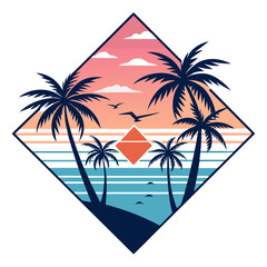 Modernized Retro Vector of Palms and Ocean Silhouettes in Diamond Composition – Vintage Horizontal Sunset Stripes