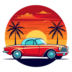 Vintage Red Convertible by the Beach with Palm Silhouettes and Layered Sunset – Bold Outlines, Warm Gradients, Symmetrical Clean Retro Feel