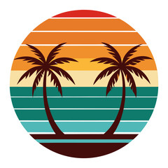 Vintage Palm Tree Silhouette in Circular Sunset Backdrop – Warm Gradient Bands, Strong Outlines, Balanced Composition on White