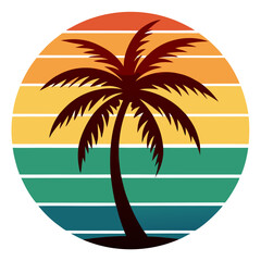 Minimal Retro Circle with Sunset Tones and Palm Trees in Foreground – Soft Red, Yellow, Black, High Contrast, Clean Summer Vacation Vibe