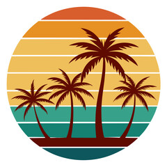 Palm Trees in Front of Colorful Striped Sunset within Rounded Rectangular Frame – Retro Colors, Smooth Vector Transitions, Clean Lines