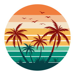 Surfer Riding Wave at Sunset with Layered Retro Sun and Bold California Silhouettes – Curved Motion Lines, Vintage Sunset Tones, Classic Surf Poster Feel