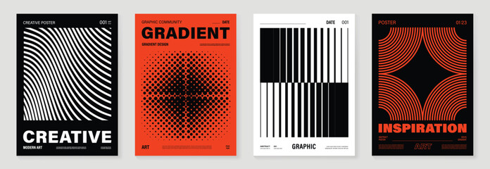 Abstract monochrome poster background vector set. Modern cover template with black, white and orange perspective geometric shape, line, halftone. Ideal design for social media, banner, ads.