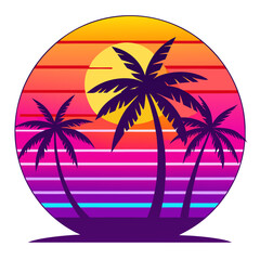 Vibrant Neon Sunset with Palm Trees in Clean Retro Style