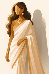 Elegant South Asian Woman in Geometric Saree – Minimalist Cultural PNG Art