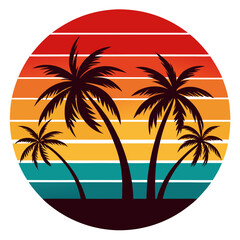 Retro Beach Scene with Palm Trees and Gradient Circular Horizon