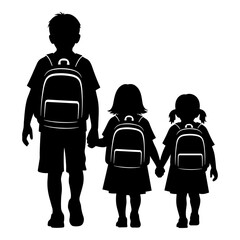 Three Children Walking with Backpacks, Holding Hands