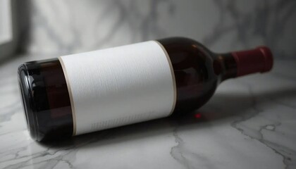 A red wine bottle with a blank white label lying horizontally on a marble surface in soft lighting