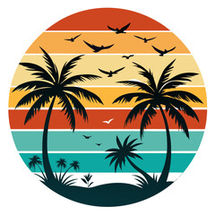Obraz premium Tropical California Scene with Birds and Faded Retro Sun