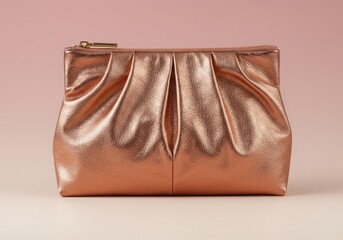 Shimmering rose gold pleated clutch bag with zipper closure