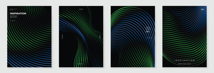 Abstract line wave gradient poster background vector set. Minimalist cover template with vibrant perspective line wave in motion. Ideal design for social media, cover, banner, flyer, music, ads.