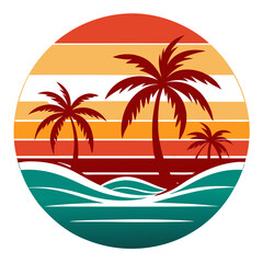 Wave Crest and Palm Silhouette Under Muted Vintage Sunset Sky