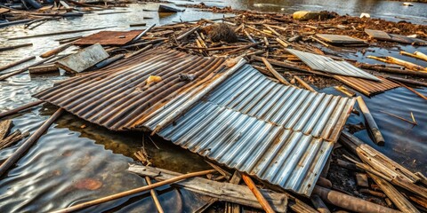 Debris Field Rusted Metal Sheeting and Waterlogged Timber After a Catastrophic Event
