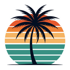 Single Palm Over Soft Sunset Stripes in Peach, Turquoise, and Brown