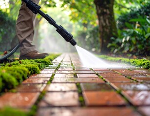 Low Angle Pressure Washing of Brick Garden Path