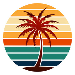 Bold Palm Silhouette with Horizontal Retro Sunset on Clean White