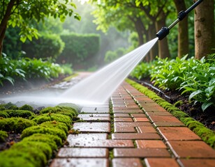 Low Angle Pressure Washing of Brick Garden Path