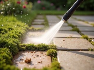 Low Angle Pressure Washing of Brick Garden Path