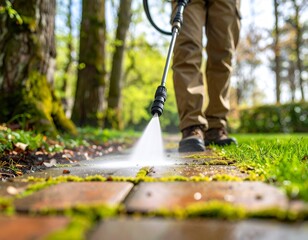 Low Angle Pressure Washing of Brick Garden Path