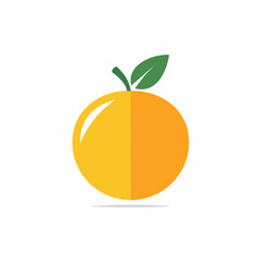 Stylized orange fruit illustration with stem and leaf, half yellow and half orange, isolated.