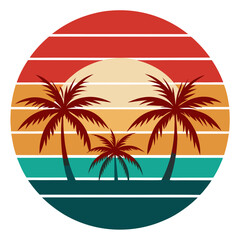 Retro Ocean Waves with Stylized Rays and Palm Tree Silhouettes