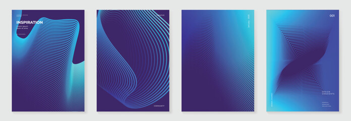 Abstract line wave gradient poster background vector set. Minimalist cover template with vibrant perspective line wave in motion. Ideal design for social media, cover, banner, flyer, music, ads.