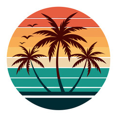 Tropical Beach Badge with Layered Retro Sunset Composition