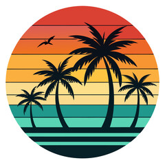 Tropical Silhouettes with Retro Sunset in Circular Layout
