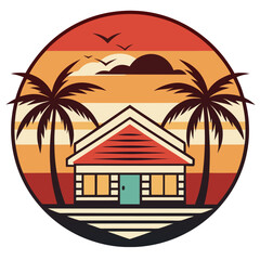 Obraz premium Coastal Home with Palm Silhouettes and Layered Sunset Tones