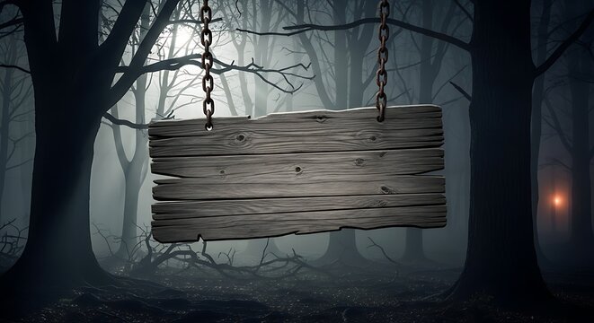 Spooky Wooden Sign Hanging in Dark Forest, Halloween Background