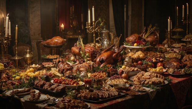 Medieval-style banquet table with opulent food and golden tableware. Roasted meats, fruits, pastries, and candles create a luxurious atmosphere in grand dark wood room with white tablecloth.