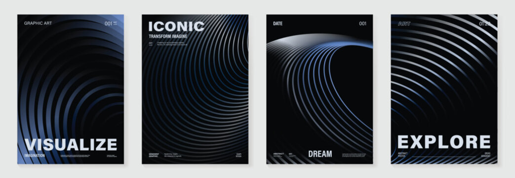 Abstract line wave gradient poster background vector set. Minimalist cover template with vibrant perspective line wave in motion. Ideal design for social media, cover, banner, flyer, music, ads.