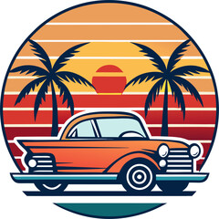 Vintage car under palm tree with orange-red striped sunset in a clean badge vector.