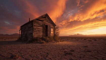 Rural wooden cabin stands in desert landscape with clear blue sky. Small window, door add to rustic charm. Vast expanse of sand, warm golden sunset light on cabin. Gray, brown, orange, red hues.