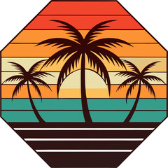 Classic tropical sunset badge with palm silhouettes in hexagonal retro color layout.