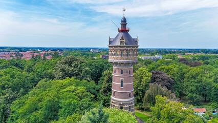 Aerial view of the Deventer water tower. Built in 1892 on the cities highest spot it is still in use nowadays. It's capacity is 500 cubic meter. High quality photo