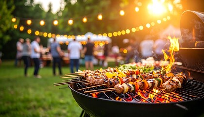 Grilling Meat Skewers at Outdoor Party with String Lights