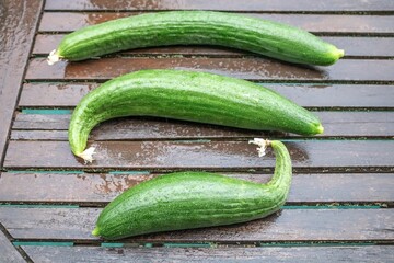 gurken aus eigener ernte auf einem holztisch